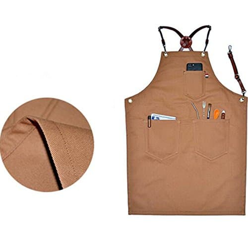 XIAKA Denim Bib Apron w/X Back Leather Straps Barista Florist Bartender Chef Aprons (Brown, M)