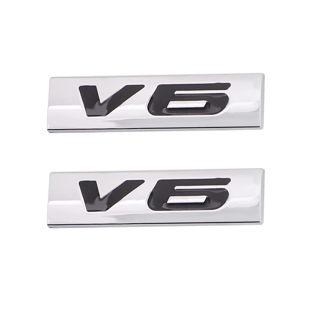 2 Pcs V6 Emblem 3D Metal Nameplate Badge Decal Car Side Rear Front Trunk Bumper Badge Sticker For Universal (Silver Black)