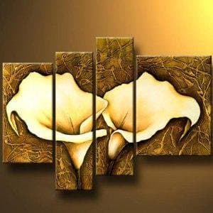 Wieco Art - Callas Flowers Blooming - 4 Panels Modern Flowers Artwork 100% Hand Painted Decorative Floral Oil Paintings on Canvas Wall Art Décor for Living Room Bedroom
