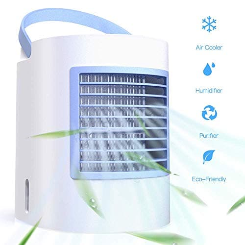 ShookOne Portable Air Conditioner Small Personal USB Air Cooler, Humidifier and Purifier Desktop Cooling Fan with Breathing LED Night Light and 3 Speeds for Office Home Travel (Blue)