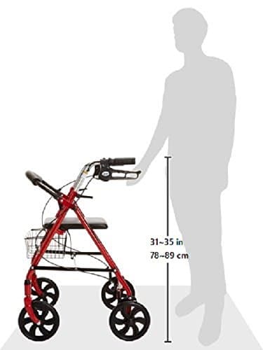 Drive Medical 10257RD-1 4 Wheel Rollator Walker With Seat, Steel Rolling Walker, Height Adjustable, 7.5" Wheels, Removable Back Support, 300 Pound Weight Capacity, Red