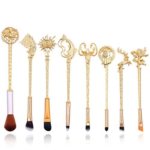 YINUO Vintage Game of Thrones Metal Handle Makeup Brush Sets Gift,Foundation Blending Powder Eyeshadow Blush Cosmetic Brush Set with Silver Bag Pack of 8(Game of Thrones[Gold])