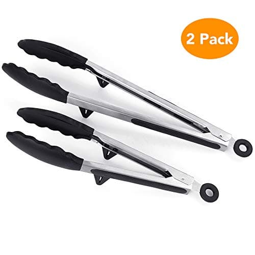 MCOMCE Silicone Tongs, 2 Pack Kitchen Tongs with Silicone Tips for Cooking, Premium BPA Small Rubber Tongs, Stainless Steel Cooking Tongs Non-Stick BBQ Grilling Locking Tongs, 9-Inch & 12-Inch
