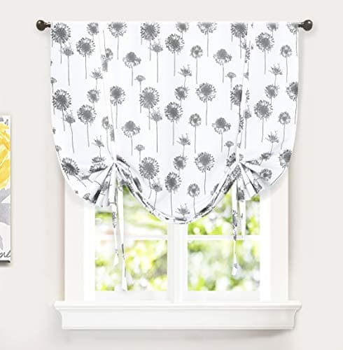 DriftAway Floral Tie Up Curtain Dandelion Botanical Pattern Painting Tie Up Curtain Room Darkening Thermal Insulated Adjustable Balloon for Small Window Rod Pocket 1 Panel 45 Inch by 63 Inch Gray