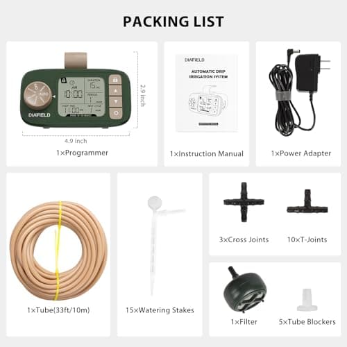 DIAFIELD 自動点滴散水キット 鉢植え15個用 庭用点滴灌漑システム ウォータータイマーとLCDディスプレイ付き ACプラグ電源と