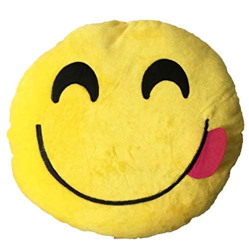 Creative Motion 71742-14086 Comfortable Cushion with Yellow Smily Face with Red Tongue Stick Out Emoji, 13 x 13x 3.5, Multi-Color
