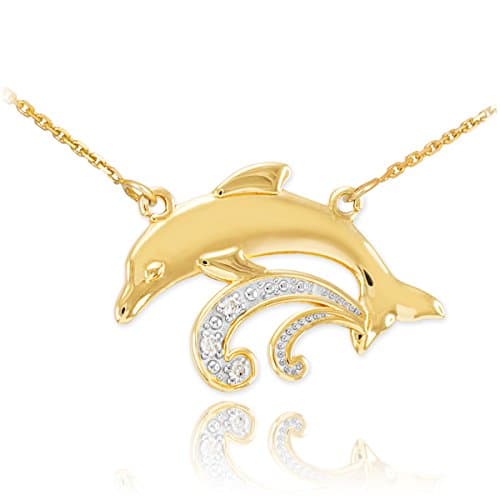 Sea Life Collection 14k Yellow Gold 3-Stone Diamond Jumping Dolphin Pendant Necklace