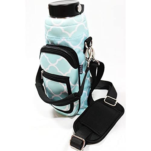 Water Bottle Holder Carrier Flask Bottles Adjustable Shoulder Hand Strap 2 Pocket Sling Neoprene Sleeve Hiking Travel 16oz 17oz 20oz 24oz 25oz 32oz 40oz (Medium, Aqua Trellis)