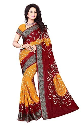 Divine International Trading Co Women's Art Silk Printed Tie and Dye Bandhani Sarees with Blouse Piece Fabric Div-01h(Red+Yellow)