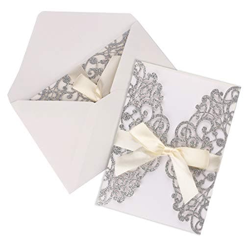 Driew Wedding Invitations with Envelopes, 12 pcs Laser Cut White Invitations with Ribbon for Wedding Engagement Bridal Baby Shower Business Event Shimmer Elegant Chic Rustic (Gold)