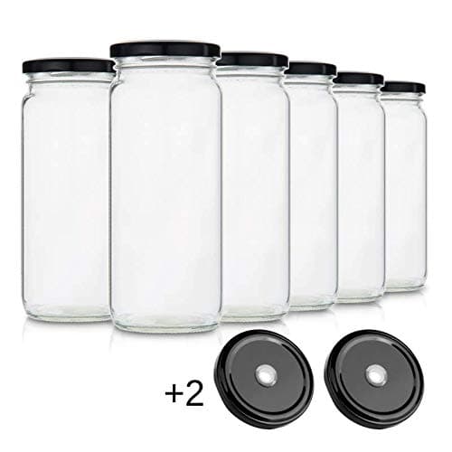 Glass Smoothie Jars with Lids for Drinking and Storage - Set of 6 | Water Bottle or Reusable Container for Juice, Milk, Kombucha, Bulk Foods, Beverages | 16 Oz Clear with Wide Mouth | Bonus Straw Lid