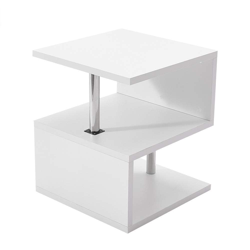 PALDIN Coffee End Table, Multifunction S Shape Side Table Modern Design 2 Tier Storage Shelves with LED Lights for Display Shelf Office Study Bookcase White