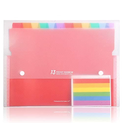 HJSMing 13 Pockets Portable File Folders/Rainbow Folder Organizer/Expandable Plastic Folders/A4 Letter Size File Organizer with Buttons-for School Office Supplies