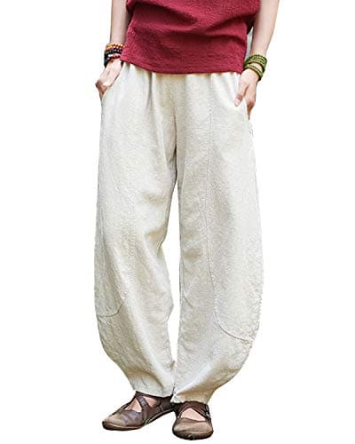 IXIMO Women's Casual Cotton Linen Baggy Pants with Elastic Waist Pleated Relax Fit Trousers
