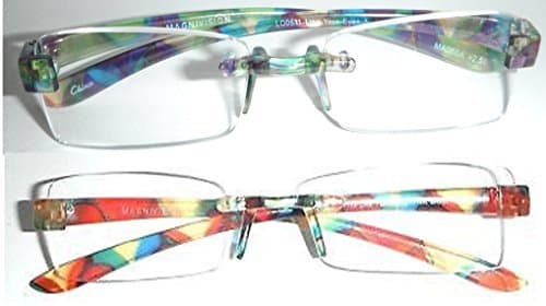 2 pairs Magnivision Featherlight Rimless Frameless Womens Reading Glasses Purple or Red Nib with case All Strengths (1.00, 1 purple-1 red) by FGX