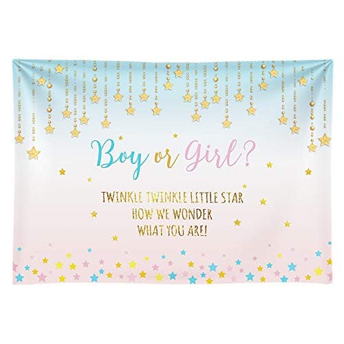 Funnytree 7x5ft Soft Fabric Pink and Blue Gender Reveal Party Backdrop Wrinkle Free Boy Or Girl Twinkle Twinkle Little Star Photography Background Photo Banner for Baby Shower Photobooth Cake Table