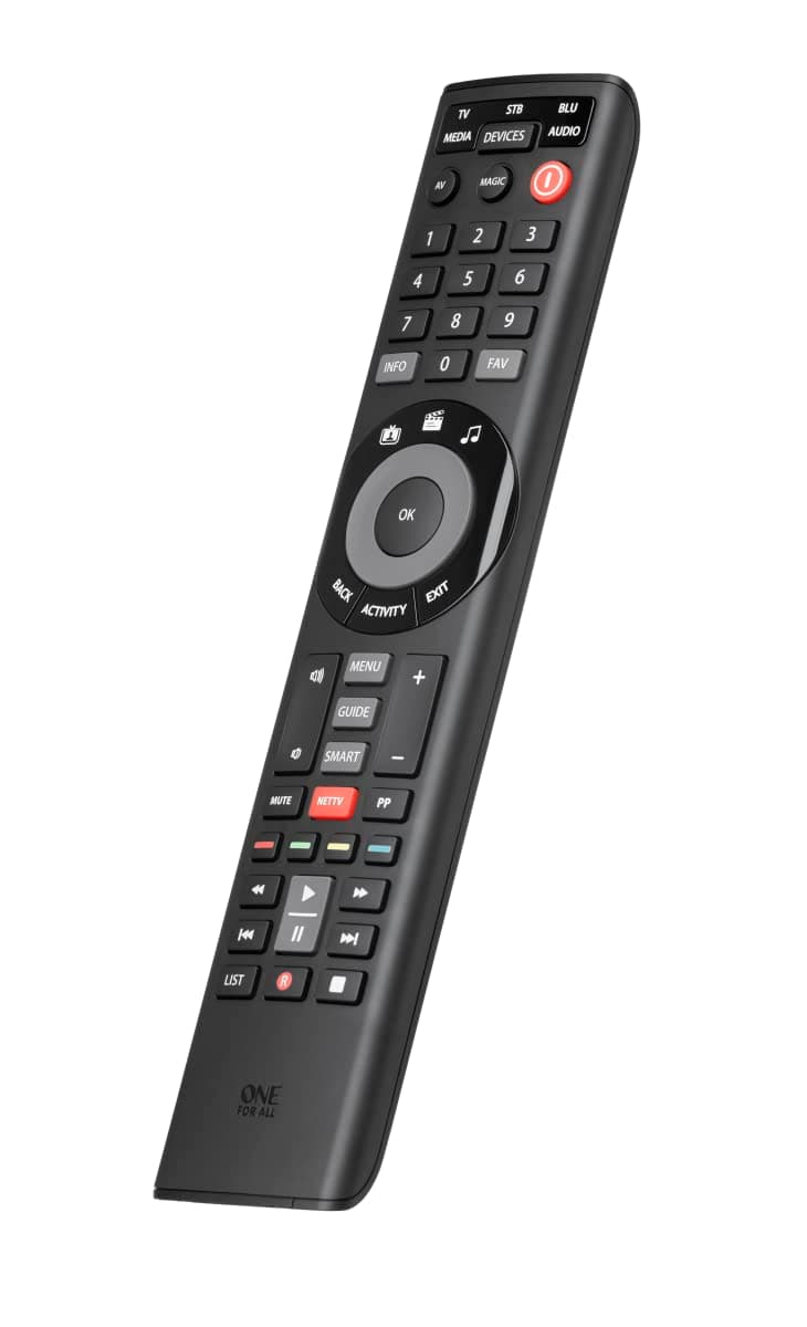 One For All Smart Control 5 - Universal remote for 5 devices (TV, Sat/Cable/DVB-T, Blu-ray, Audio, Sound bar, streaming) - free Setup App and unique NETTV key - Learning remote - URC7955 - Black