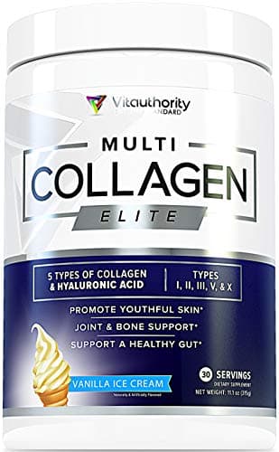 Multi Collagen Elite Vanilla Ice Cream Collagen Protein Powder: Multiple Source Grass-Fed Hydrolyzed Collagen Peptides with Vitamin C and Hyaluronic Acid, Types I II III V X, Anti-Aging Powder, 30srv
