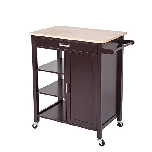 Kinsuite Kitchen Island Trolley Cart with Wheels 4-Tier Utility Wood Rolling Kitchen Storage Cabinet with Drawer Towel Bar Shelves Wooden top Table Dark Brown