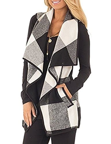 Women's Color Block Lapel Open Front Sleeveless Plaid Vest Cardigan with Pockets