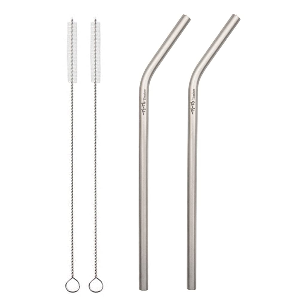 TiTo Titanium straw supper strong and ultralight Drinking straw with cleaning brush Dia 7mm X 0.4mm with bent and straight two shape Titanium alloy straw (pack of 2) (2 bent)