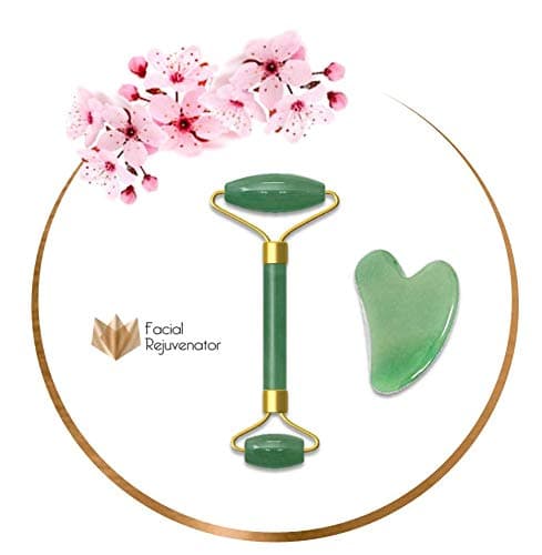 Facial Rejuvenator - Jade Derma Roller and Gua Sha (Scraping Board) Kit for Facial Massage - Body Skincare, Antiaging, Rejuvenate, Beauty and Spa Treatment, Reduce Wrinkles, Dark Circles and Eyes Bags