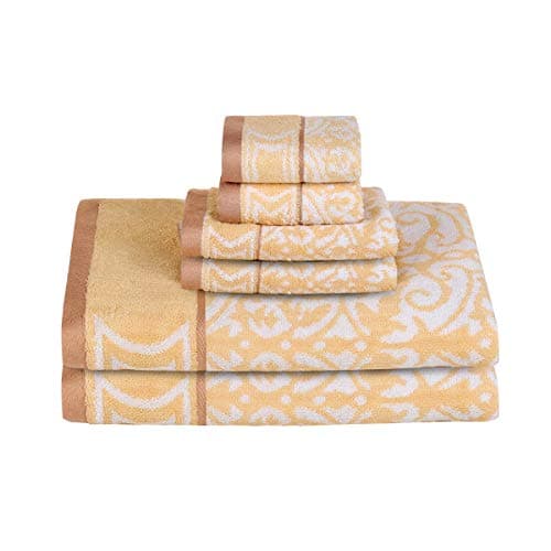 Bamsilk Bamboo Cotton Bath Towel Sets- Floral Jacquard Pattern Towels for Bathroom 6pack-2 Bath Towels 2 Hand Towels and 2 Washcloths (Gold)