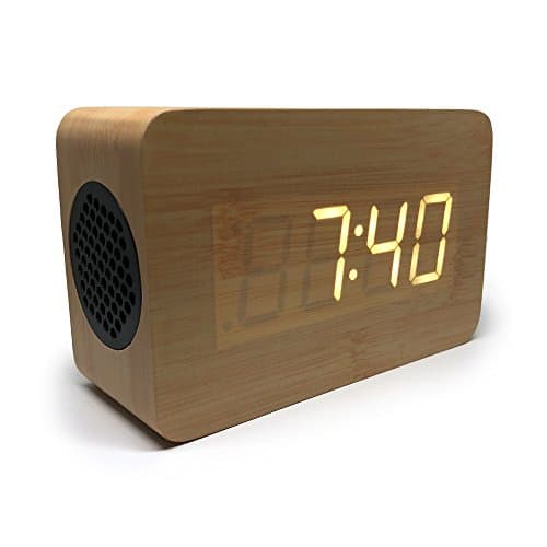 Bluetooth Alarm Clock: Portable Speaker Digital Stereo Wooden Home Office Bedroom Travel LED Display Rechargeable Removable Backup Battery Time Date Temperature 12 24 HR Audio System Best Gift Idea