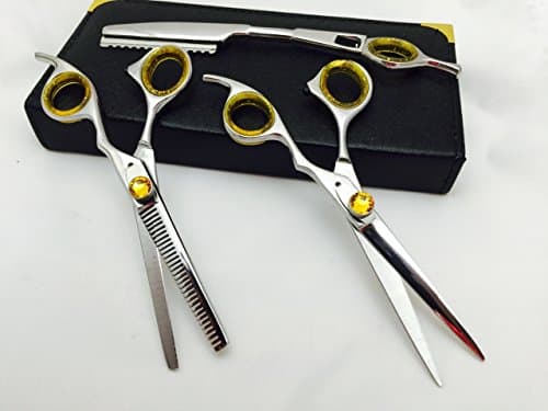 5.5" Professional Barber Razor Edge Silver Titanium Coated Hair Cutting and Texturizing Shears Scissors with Straight Razor Student Teacher Kit Set+case Black