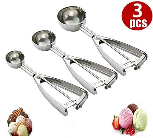 18/8 Stainless Steel Ice Cream Scoops Set, Cookie Scoops Set of 3 PCS Trigger Include Small（1.58 inch）, Medium (1.97 inch),Large (2.37 inch), Melon Baller Fruit Melon Baller,Melon Scoop Spoon