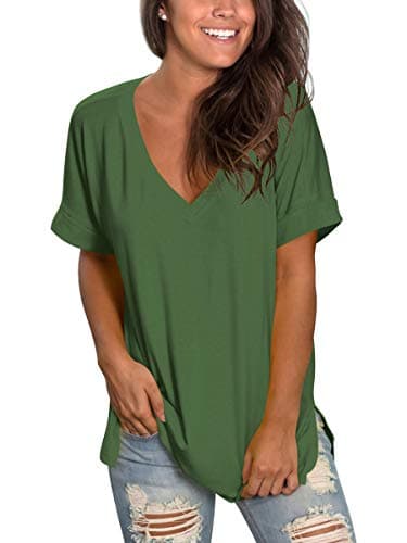 SAMPEEL Women's V Neck T Shirts Rolled Short Sleeve Side Split Summer Tops Dressy Casual