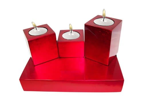 Metallic red- set of decorative wooden lacquer cube shapped tea-light candleholders. Tallest cube is 3.9"