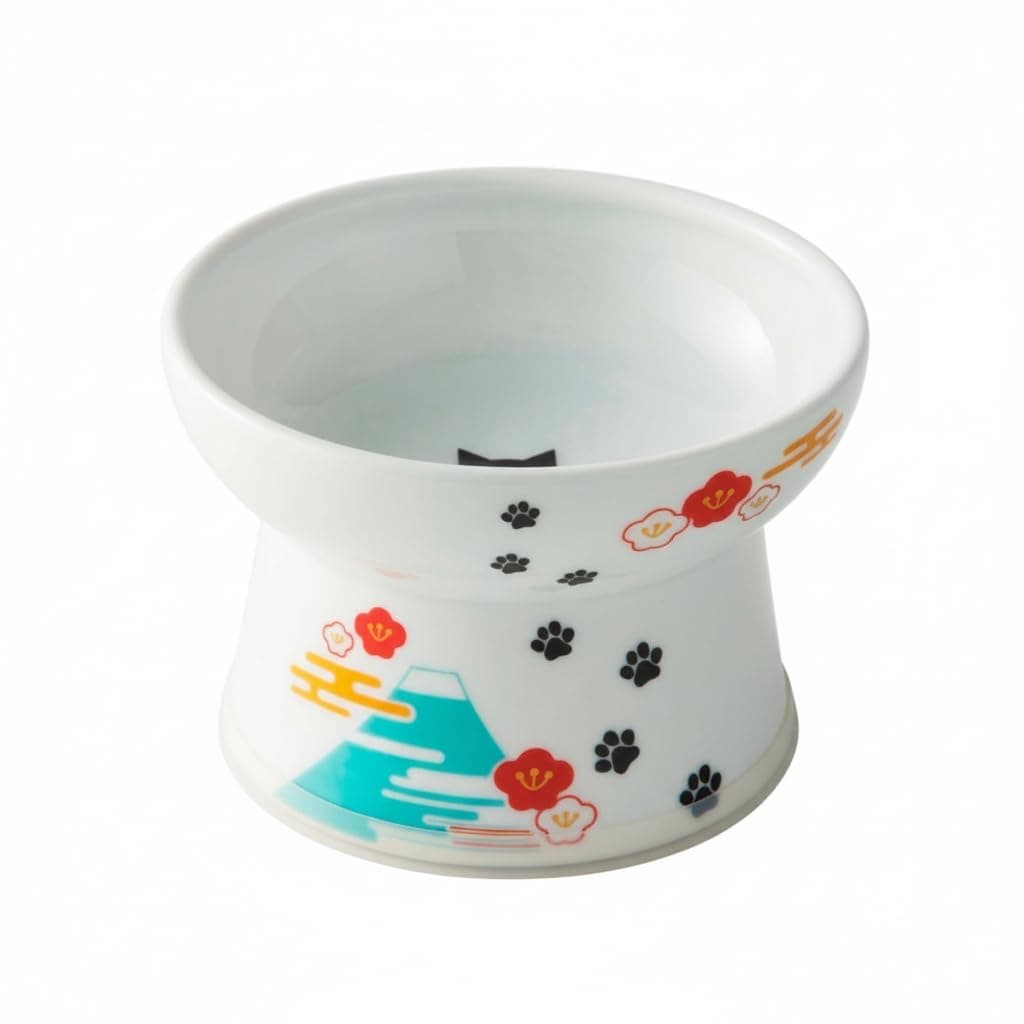 Necoichi Raised Cat Food Bowl – Ceramic Elevated Cat Bowl for Whisker & Neck Fatigue, Dishwasher Microwave Safe – Non-Slip & Anti Vomiting Ergonomic Design (Fuji, Regular, 1-Cup Capacity)