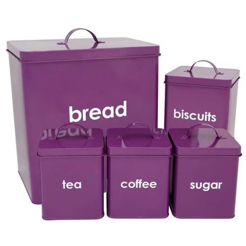 5 Piece Bread Bin Set in Purple including Tea, Coffe, Sugar and Biscuit Canister