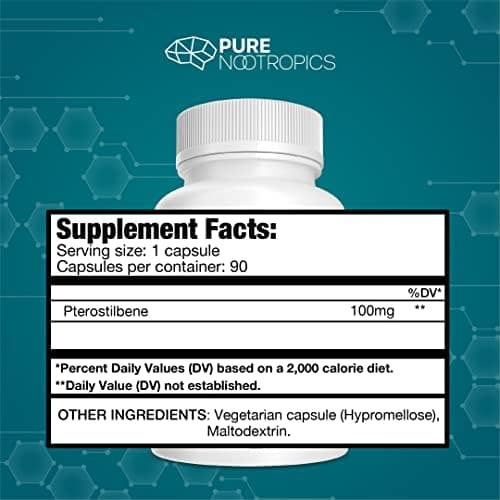 Pure Nootropics - Pterostilbene 100 mg Capsules (90) | Plant Based Support for Cellular Health | in House & Rigorous 3rd Party Testing for Higher Purity & Potency