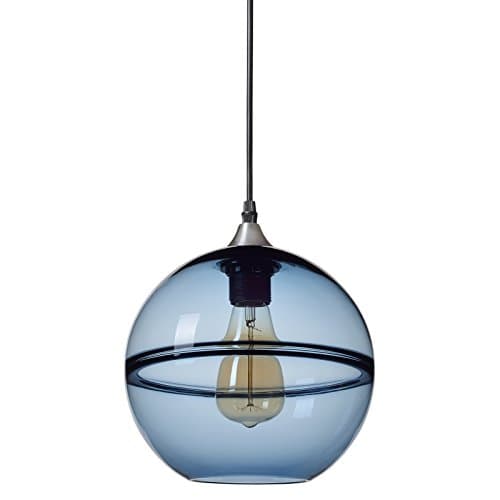 Casamotion Pendant Lighting Handblown Glass Drop Hanging Light, Unique Optic Glass Pendant Lamp, Brushed Nickel Finish, Grey Blue, 9''
