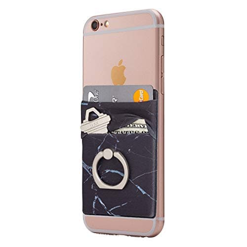 Stretchy Cell Phone Stick On Wallet Card Holder Phone Pocket with Finger Ring for iPhone, Android and All Smartphones. (Black Marble)
