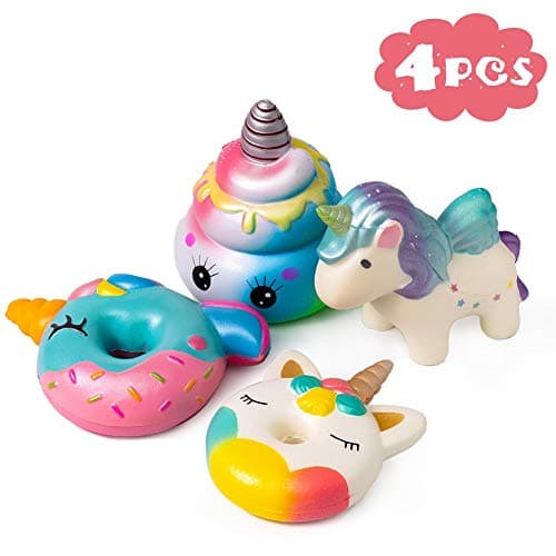 SYYISA Jumbo Squishies Slow Rising [4-Pack]: Unicorn Poo, Unicorn Horse, Unicorn Donut and Unicorn Donut with Rainbow Kawaii Soft Funny Squishy Toys - Squishys are Great Sensory Toys for Kids! Comes i