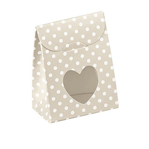 Decorative Gift Favor Box with Lid Heart Cutout, Set of 12, Best Designer Quality for Birthday, Wedding, Parties, Easy Fold, No Assembly Required, by Giovanni Grazielli, Tan/White Polka Dot (6.0 x 3.5 x 8.0 cm)