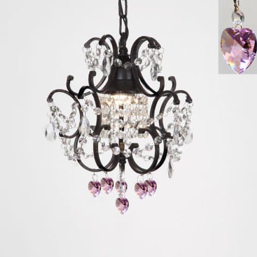 Romantic One Light Black with Pink Crystal Hearts Mini Chandelier