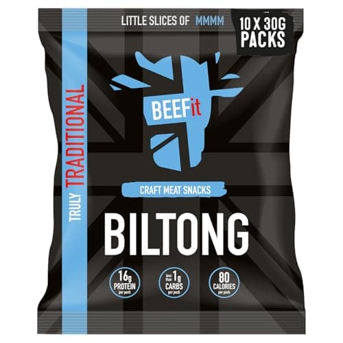 BEEFit Biltong Beef Jerky - Healthy High Protein Snacks, Gluten Free and Keto Friendly Snack - Perfect for On-the-Go or Fitness Enthusiasts, 30g (Pack of 10)