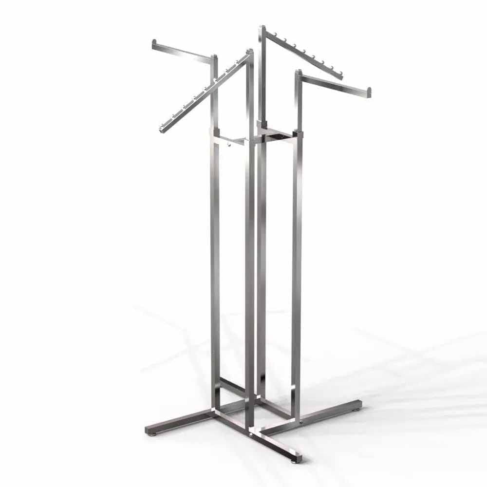 LOCOMOTO Clothes Rails Display Stand, 4-Way Metal Hanger Stand, 15 kg Capacity, Free Standing Design for Home and Store (CHROME)