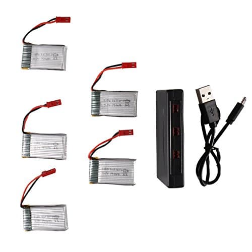 5 pcs 3.7v 750mAh 25c Upgrade Lipo Battery (JST Plug) with 6-1 Port Charger for MJX X400 X400W X400C X200 X300C X500 X800 Sky Viper S670 V950hd V950str HS200W National Geographic Quadcopter Drone