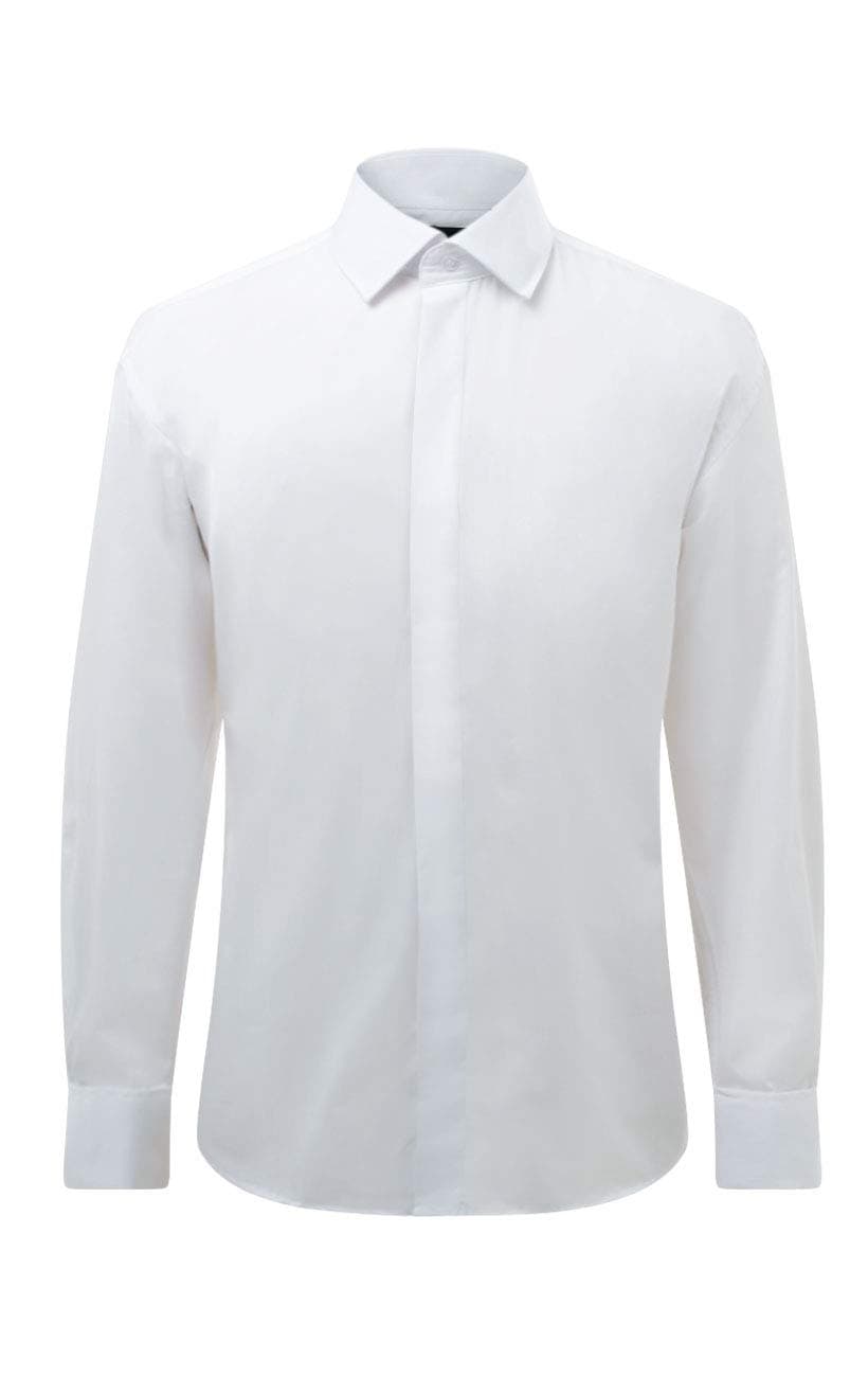 Mens White Tuxedo Dress Shirt Regular Fit Standard Collar Double Cuff Plain Fly Front