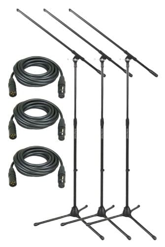 3-Pack of the MS7701B Tripod Microphone Boom Stand from On Stage Stands with 3 LYX LCS Premium Series XLR Cables 25ft