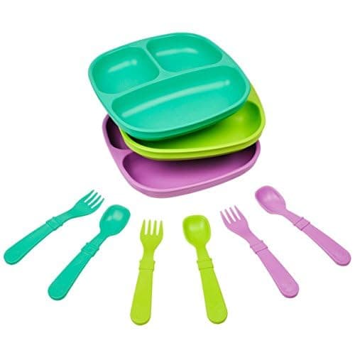 Re-Play 3x3 Divided Toddler Plates and Utensils Set - Toddler Forks and Spoons Set - Dishwasher and Microwave Safe - Made in USA - Mermaid