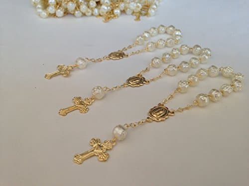 San Joaquin Creations25 Pc Ivory Color Baptism Favors Gold Plated Accents Mini Rosaries Gold Plated Acrylic Beads/Recuerditos De Bautismo/Christening Favors/Decenarios/Decades/Finger Rosaries