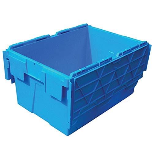 Plastic Crates 55 Litre Blue Heavy Duty Storage Boxes (60 x 40 x 30.6cm) with Attached Hinged Lids (2)