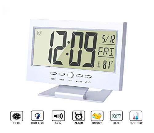 Digital Alarm Clock for Bedroom,Office,Travel. Smart Sound Sensor Large LCD with Nightlight Calendar Temperature Display,Snooze,Multifunction(Silver)