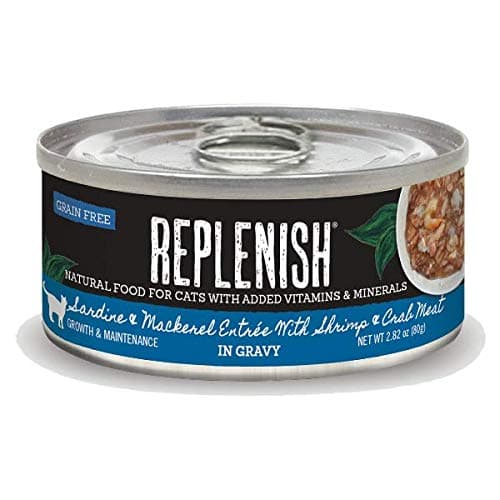 Replenish Grain Free Sardine & Mackerel Entrée with Shrimp & Crab Meat in Gravy Natural Wet Canned Cat Food, 2.82 oz